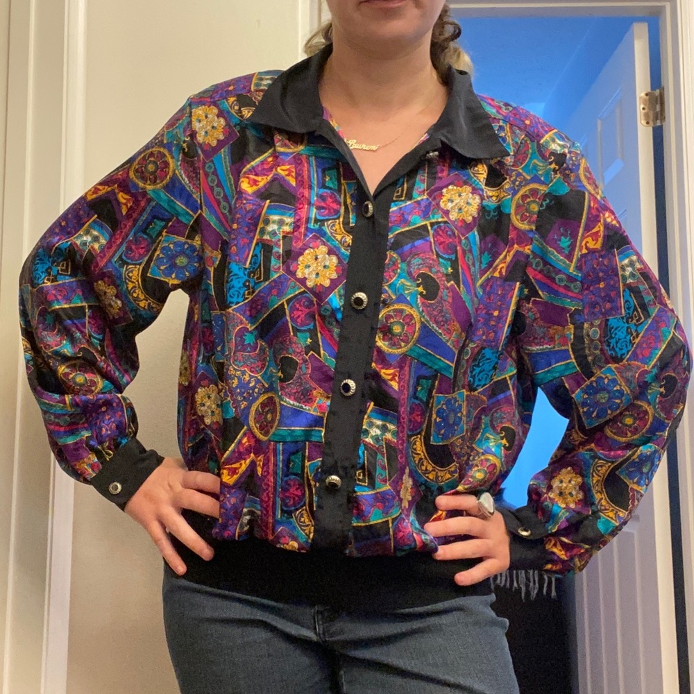 Colorful Royal Silky Sweater Blouse VINTAGE